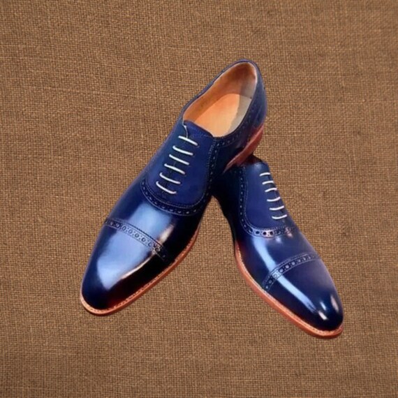 Men's Handmade Genuine Navy Blue Leather Shoes Lace-up Formal Dress Shoes Men's Handmade Genuine Navy Blue Leather Shoes Lace-up Formal Dress Shoes