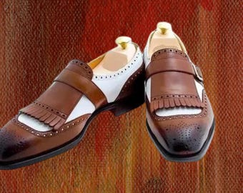 Handmade Two Tone Leather Monk Shoes: Men's Formal Dress Shoes
