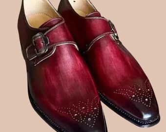 Handmade Men Burgundy Leather Single Monk Strap shoes, For Wedding, formal shoes