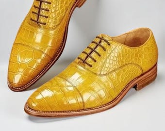 Bespoke New Men's Genuine Yellow  Print Leather Lace Up Dress Shoes Men