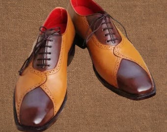 Handmade Men's Leather Oxford Two Tone Brown Tan Lace Up Stylish Shoes