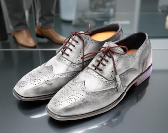 Zapatos de vestir de punta de ala de cuero gris hechos a mano para hombre, zapatos formales con cordones para boda