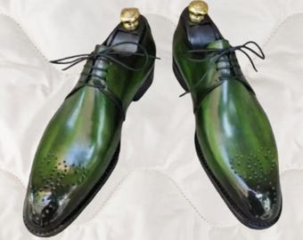 New Handmade Men's Green Shaded Leather Brogue Derby Lace Up Dress Oxford Shoes