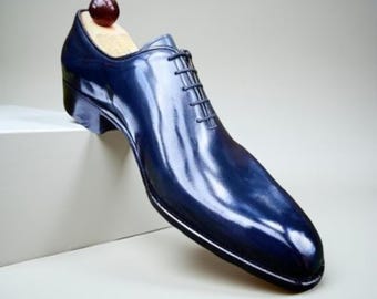 Nuove scarpe eleganti da uomo fatte a mano in pelle blu Oxford con lacci e punta liscia