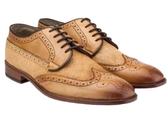 New Handmade Two-Tone Beige Suede & Leather Oxford Brogue Wingtip Shoes for man