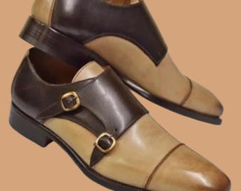 Zapatos de vestir de monje marrones de dos tonos para hombre, hechos a mano, de cuero y ante.