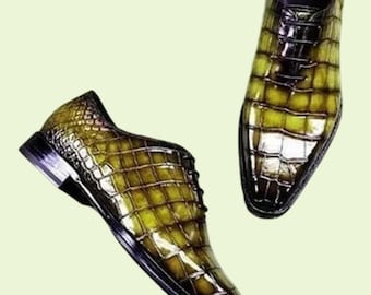 New Handmade Men's Green, Black Shaded  Leather Lace Up Dress Shoes Men