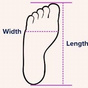May include: An illustration of a foot outline with labeled lines indicating width and length. The text "Width" and "Length" are displayed next to the corresponding measurement lines. The foot outline is black, and the lines are purple, set against a light beige background.