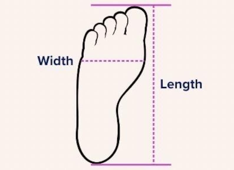 May include: An illustration of a foot outline with labeled lines indicating width and length. The text "Width" and "Length" are displayed next to the corresponding measurement lines. The foot outline is black, and the lines are purple, set against a light beige background.