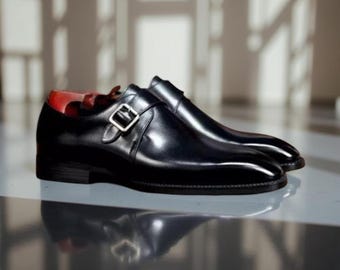 Handmade Men Black Leather Single Monk Strap Shoes, Office Buckle Shoes