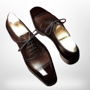 Bespoke Handmade Chocolate Brown Leather Toe Cap Oxford Dress Shoes