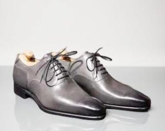 Scarpe eleganti da uomo nuove, su misura, con cucitura Good Year Welted, in pelle grigia patinata, con taglio intero Oxford