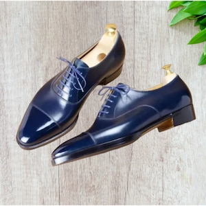 New Men&#39;s Handcrafted Pure Blue Leather Toe Cap Lace Up Dress Formal Shoes Men
