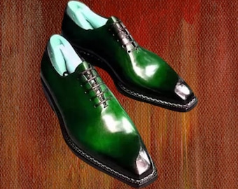 Handmade Green Leather Dress Shoes: Men's Formal Lace-Up Oxfords