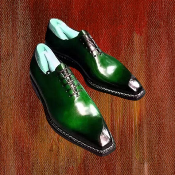 Handmade Green Leather Dress Shoes: Men's Formal Lace-Up Oxfords