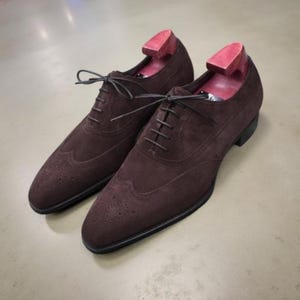 Men Handmade Oxford Suede Leather Shoes Brown Wingtip Toe Formal Dress Boots image 1