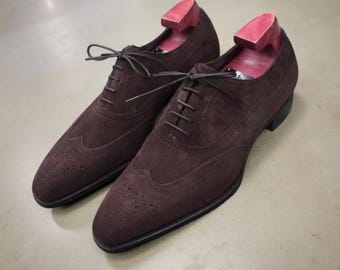 Men Handmade Oxford Suede Leather Shoes Brown Wingtip Toe Formal Dress Boots