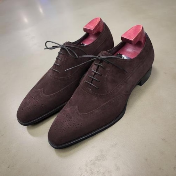 Men Handmade Oxford Suede Leather Shoes Brown Wingtip Toe Formal Dress Boots
