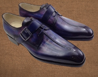 Handmade Leather Monk Strap Shoes: Whole Cut Blue Dress Shoes