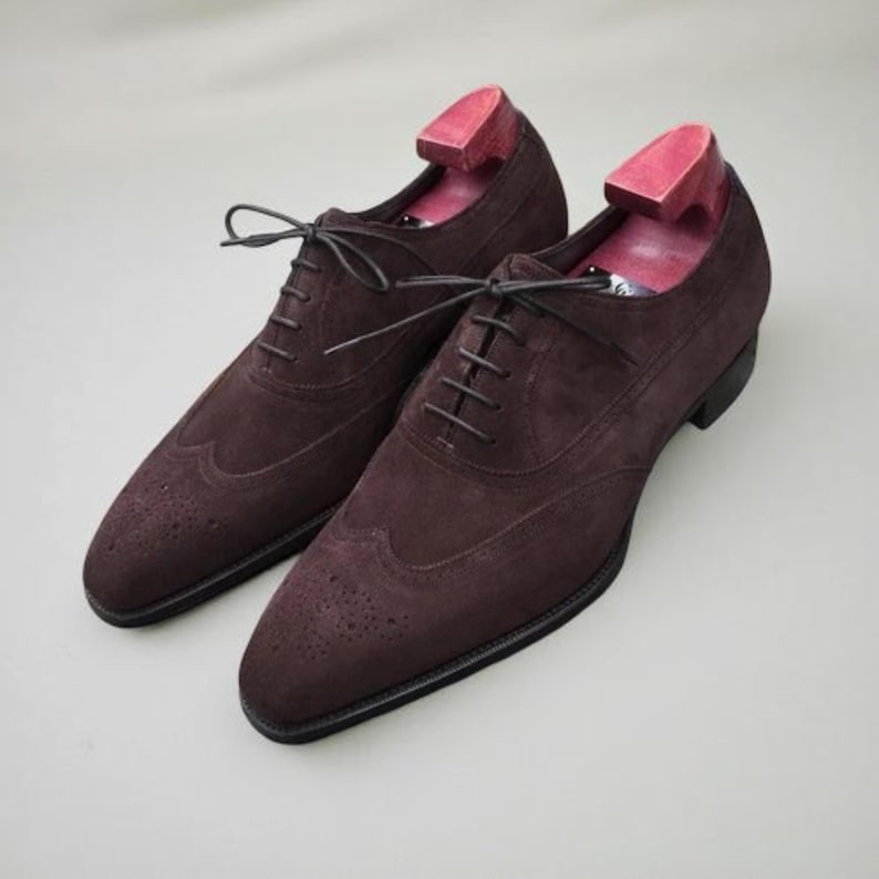 Men Handmade Oxford Suede Leather Shoes Brown Wingtip Toe Formal Dress Boots image 2