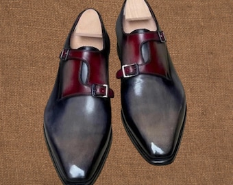 Bespoke Patina Leather Shoes, Two Tone Monk Strap Whole Cut gray Shoes for men