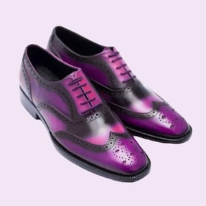 New Handmade Oxford Leather Two Tone Purple Wingtip Brogue Dress Shoes For Men