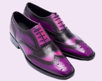 New Handmade Oxford Leather Two Tone Purple Wingtip Brogue Dress Shoes For Men