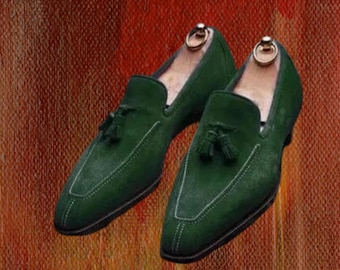 Handmade Green Suede Loafers: Men's Leather Dress Shoes