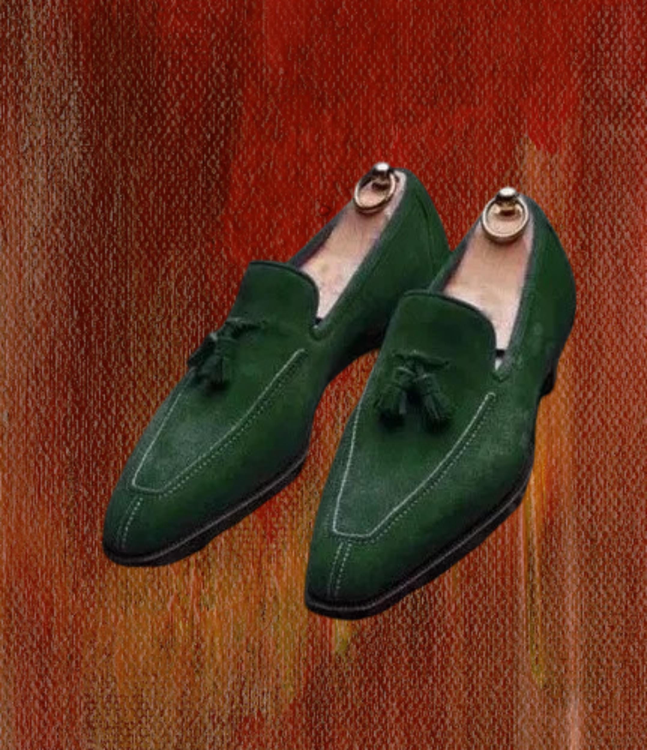 Handmade Green Suede Loafers: Men's Leather Dress Shoes Handmade Green Suede Loafers: Men's Leather Dress Shoes