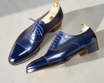 Scarpe Oxford eleganti con puntale e lacci in pelle blu fatte a mano per uomo