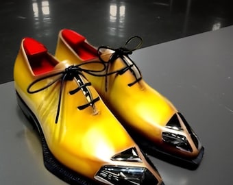 Handmade Yellow Leather Wholecut Dress Shoes for Men