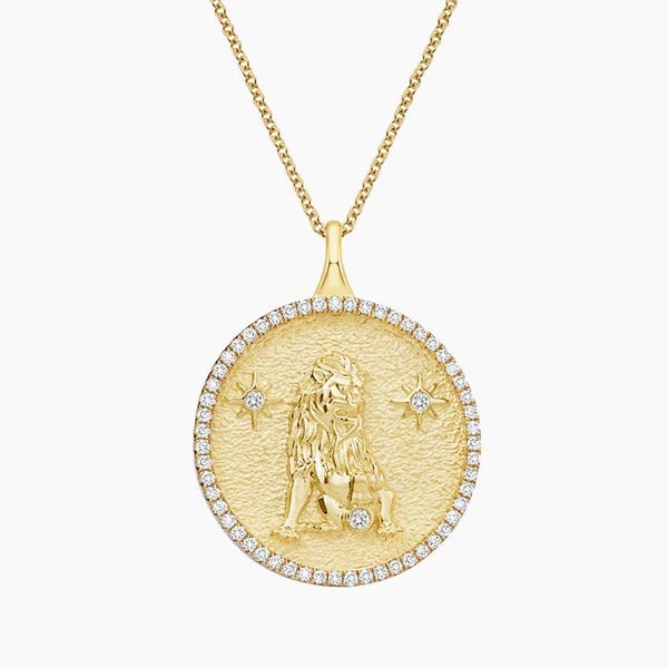 Luxe Sternzeichen Löwe Diamant Medaillon Halskette, Wendbarer 14K Gelbgold Anhänger
