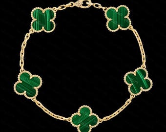 Clover Malachite Bracelet with 5 Motifs in 18K Yellow Gold