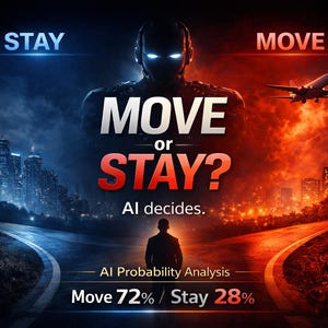 Può includere: Grafica digitale con le parole "MOVE or STAY?" e "AI decides." Una figura silhouette si trova tra due percorsi, uno che conduce a una città sotto un cielo blu, l'altro a una città sotto un cielo rosso fuoco. Il testo "Move 72% / Stay 28%" è visualizzato.