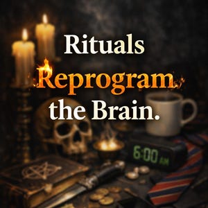 May include: An image with the text "Rituals Reprogram the Brain." The image features candles, a skull, a coffee mug, a clock, a book, a knife, coins, and a smartphone, creating a mystical and esoteric theme.