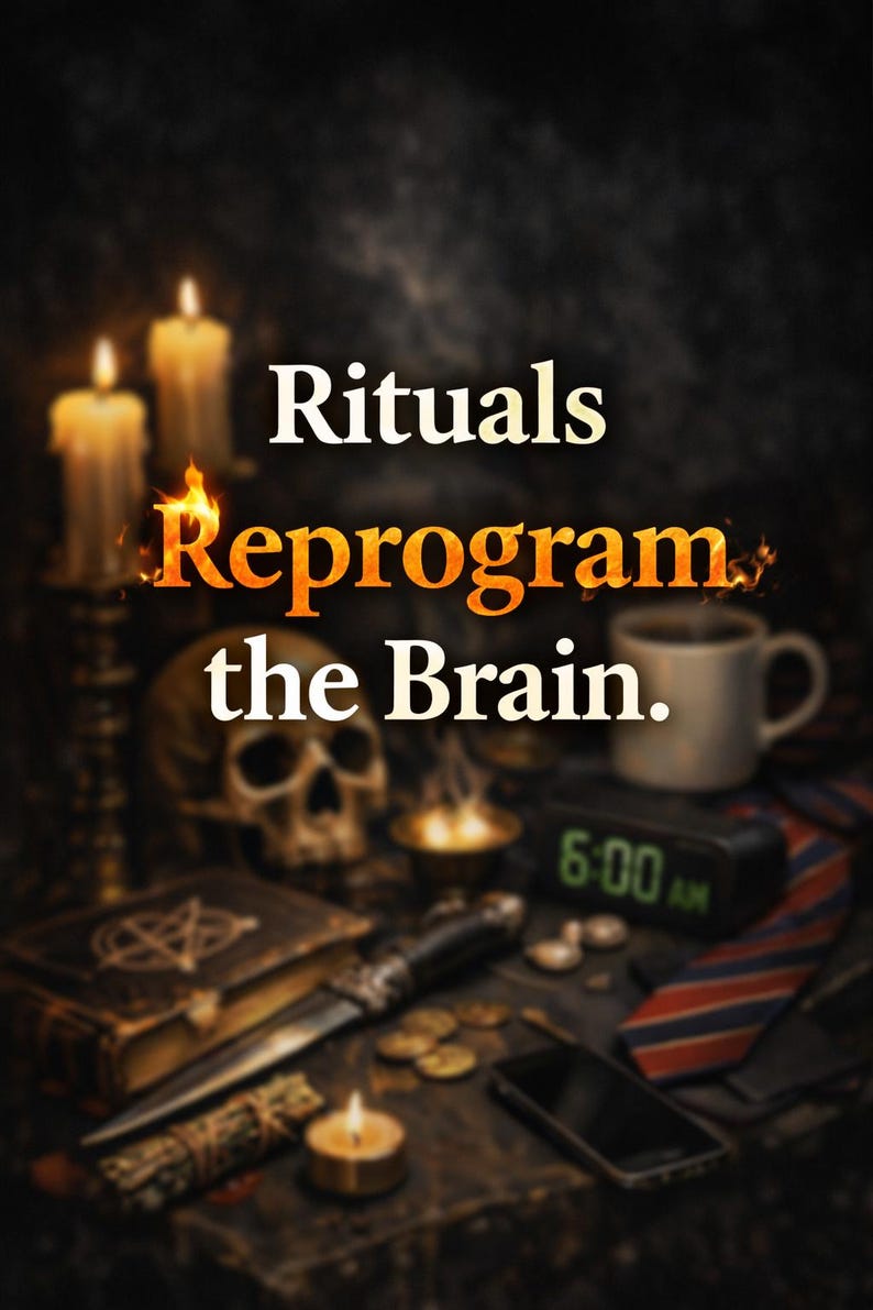 May include: An image with the text "Rituals Reprogram the Brain." The image features candles, a skull, a coffee mug, a clock, a book, a knife, coins, and a smartphone, creating a mystical and esoteric theme.