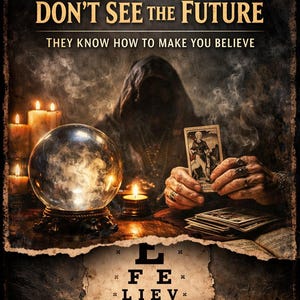 May include: An image with the text "FORTUNE TELLERS DON'T SEE THE FUTURE" and "THEY KNOW HOW TO MAKE YOU BELIEVE". A crystal ball, tarot cards, and candles are visible. The image also includes the words "MANIPULATION", "MIND TRICKS", and "HIDDEN TRUTHS".