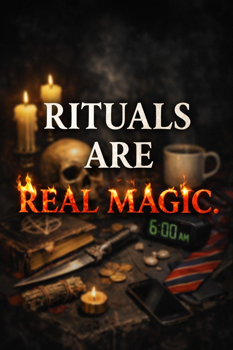 May include: A dark image featuring the text "RITUALS ARE REAL MAGIC". The scene includes candles, a skull, a book, a knife, coins, a phone, and an alarm clock set to 6:00 AM. The overall aesthetic suggests a theme of rituals and magic.