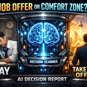 Può includere: Immagine con il testo "JOB OFFER OR COMFORT ZONE?" e "AI DECISION REPORT". Raffigura due scenari: un uomo a una scrivania con la parola "STAY" e un altro uomo che guarda un razzo che decolla con le parole "TAKE THE OFFER". Un cervello luminoso è al centro.
