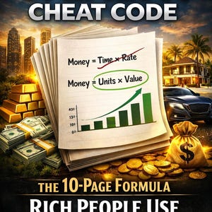 May include: A book cover titled "The Wealth Cheat Code" with stacks of money, gold bars, and coins. A handwritten formula is visible, with a rising graph. The text reads "The 10-Page Formula Rich People Use Instead of Working More."