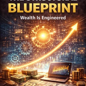 May include: Digital illustration with the text "THE WEALTH CHEAT CODE THE STRUCTURAL BLUEPRINT Wealth Is Engineered." The image features a laptop displaying financial data, stacks of money, and a rising arrow, symbolizing financial growth.