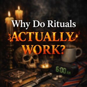 May include: An image with the text "Why Do Rituals ACTUALLY WORK?" in white and orange flames. The image includes candles, a skull, a coffee mug, a book, a knife, and a digital clock displaying 6:00 AM. The overall theme is occult and ritual.