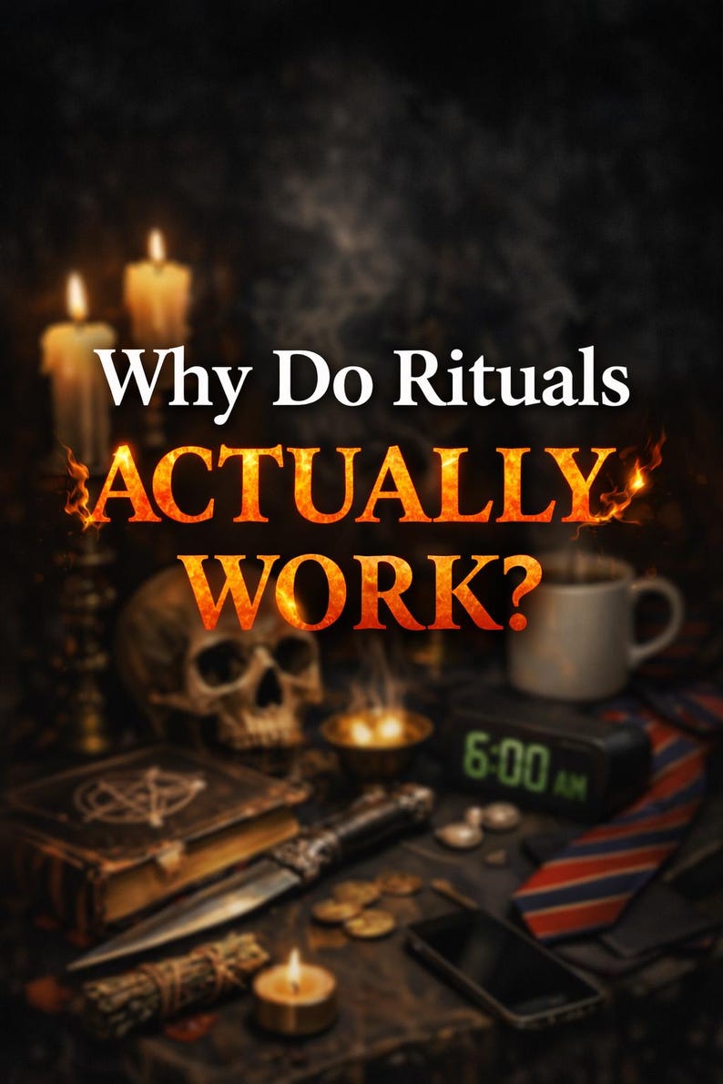 May include: An image with the text "Why Do Rituals ACTUALLY WORK?" in white and orange flames. The image includes candles, a skull, a coffee mug, a book, a knife, and a digital clock displaying 6:00 AM. The overall theme is occult and ritual.