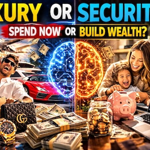 May include: A split image with the text "LUXURY OR SECURITY?" and "SPEND NOW OR BUILD WEALTH?" depicts two contrasting lifestyles. One side shows luxury items, while the other shows a family with a piggy bank and a laptop displaying financial charts.