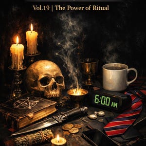 May include: An image with the text "Black Magic Effect Vol.19 | The Power of Ritual". The image features a skull, candles, a book, a dagger, a cup of coffee, and an alarm clock set to 6:00 AM. A tie and a smartphone are also present.