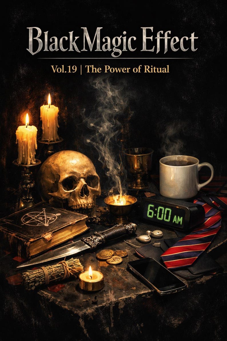 May include: An image with the text "Black Magic Effect Vol.19 | The Power of Ritual". The image features a skull, candles, a book, a dagger, a cup of coffee, and an alarm clock set to 6:00 AM. A tie and a smartphone are also present.