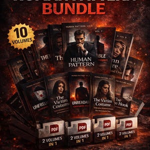 Puede incluir: Un paquete de 10 manuales psicológicos titulado "COMPLETE HUMAN PATTERN BUNDLE". Las portadas presentan imágenes de personas y texto. El paquete incluye títulos como "The Victim Costume" y "Unfrelis Commands".