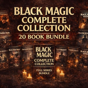 May include: A collection of 20 books titled "Black Magic Complete Collection." The book covers feature dark, gothic imagery with titles like "Cursed Numbers," "Devil Contract," and "Forbidden Books." The image includes lit candles.