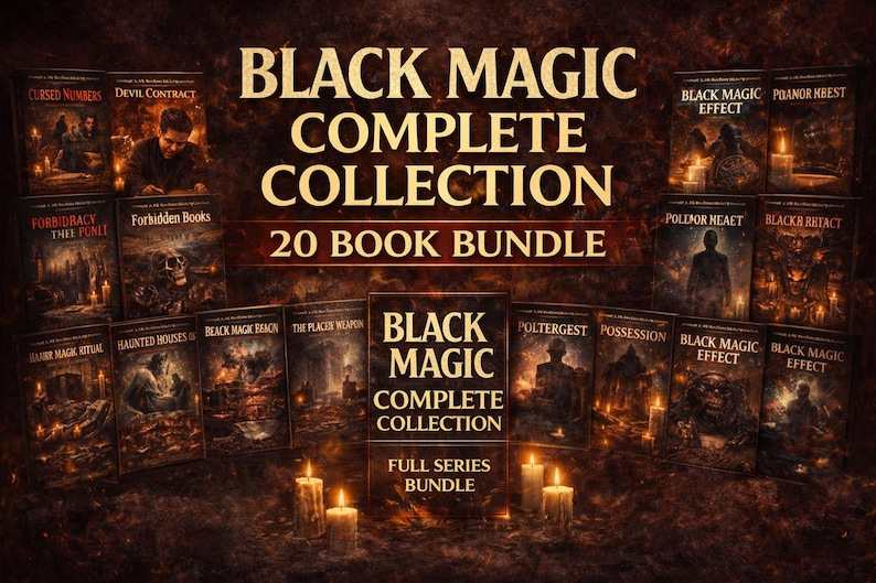 May include: A collection of 20 books titled "Black Magic Complete Collection." The book covers feature dark, gothic imagery with titles like "Cursed Numbers," "Devil Contract," and "Forbidden Books." The image includes lit candles.