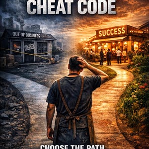 Può includere: Immagine di copertina del libro con il titolo "THE WEALTH CHEAT CODE". Un uomo è a un bivio, un sentiero conduce a un'attività chiusa, l'altro a un edificio con un cartello "SUCCESS". Il testo "CHOOSE THE PATH BEFORE IT CHOOSES YOU" è visibile.